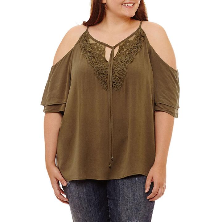 By & By Short Sleeve Round Neck Woven Embroidered Blouse-juniors Plus