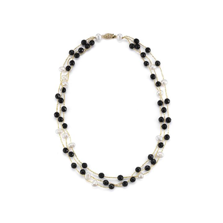 Cultured Freshwater Pearl And Dyed Black Onyx 3-strand Necklace