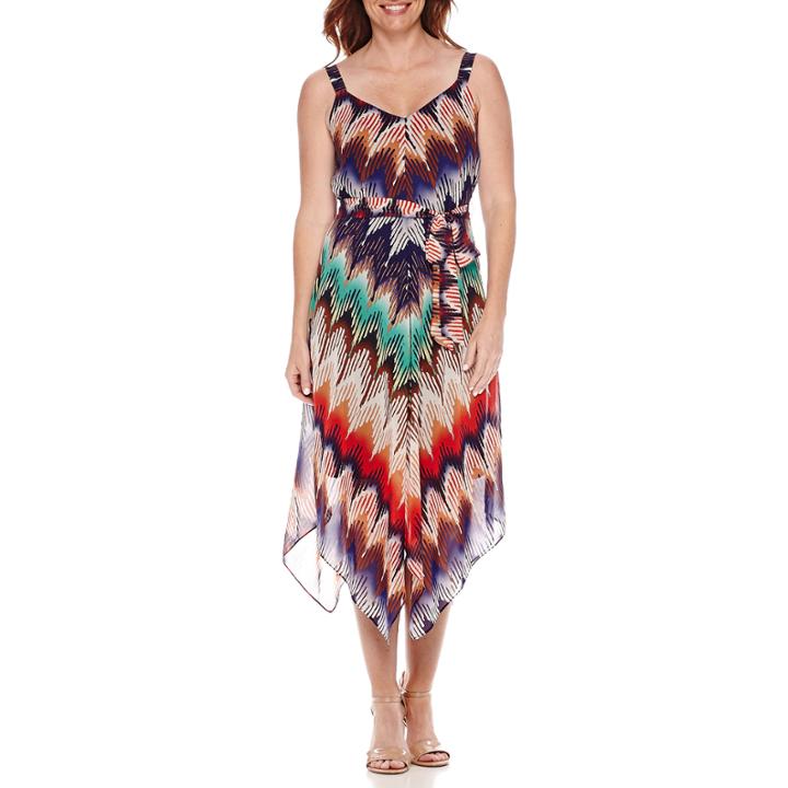 Robbie Bee Sleeveless V-neck Belted Handkerchief-hem Dress - Petite