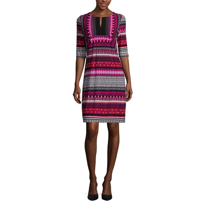 Studio 1 Elbow-sleeve Geo Striped Split-neck Shift Dress