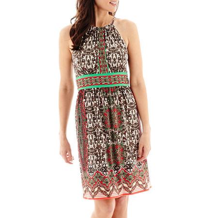 London Style Collection Sleeveless Border Print Halter Dress - Petite