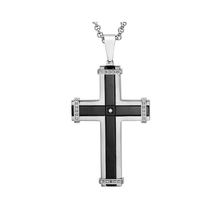 Mens 1/7 Ct. T.w. Diamond Two-tone Stainless Steel And Black Ip Cross Pendant Necklace