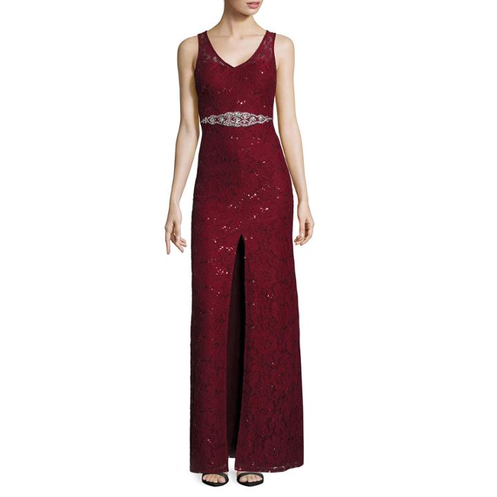 My Michelle Sleeveless Embellished-waist Long Lace Dress - Juniors