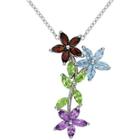 Sterling Silver Multi-gemstone 3-flower Pendant Necklace