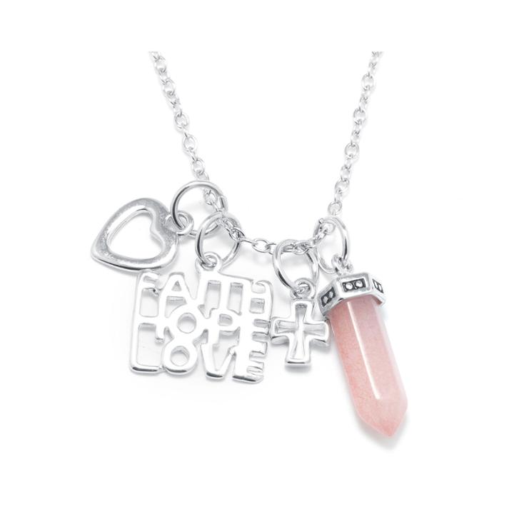 Silver Reflections&trade; Rose Quartz Silver-plated Love, Heart & Cross Pendant Necklace