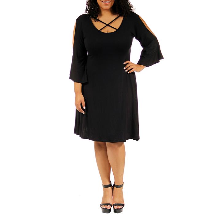 24/7 Comfort Apparel Abstract Neck Split Sleeve Fit & Flare Dress-plus