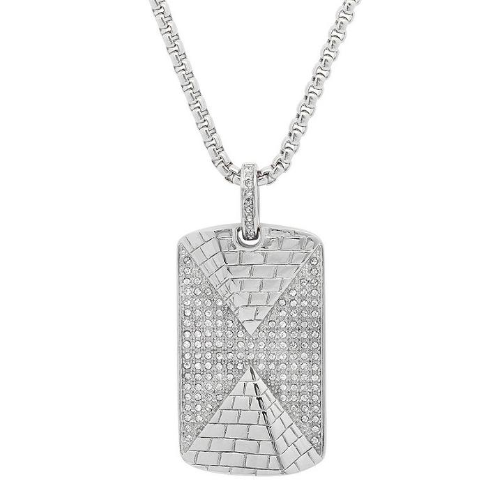 Steeltime Mens White Cubic Zirconia Dog Tag Pendant Necklace