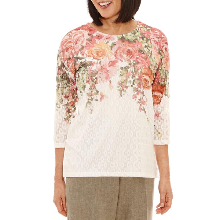 Alfred Dunner Freeform 3/4 Sleeve Crew Neck Floral T-shirt-womens Petites
