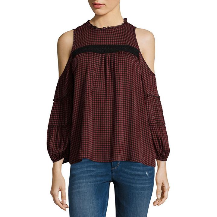 Eyeshadow Long Sleeve High Neck Dobby Blouse-juniors
