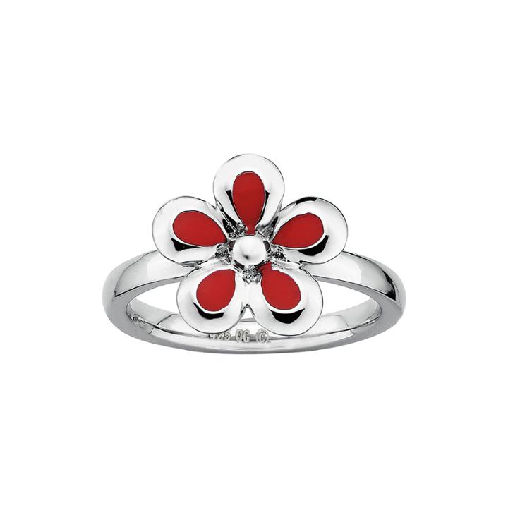Personally Stackable Sterling Silver Red Flower Stackable Ring