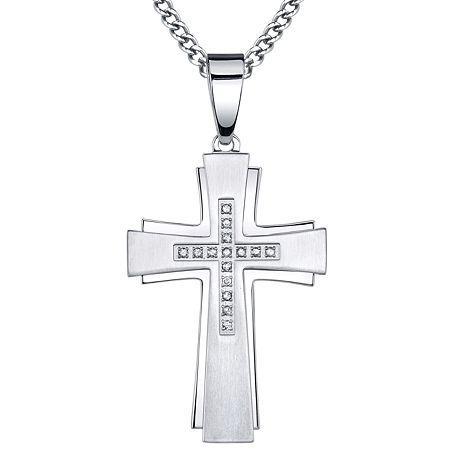 Mens 1/7 Ct. T.w. Diamond Stainless Steel Cross Pendant Necklace