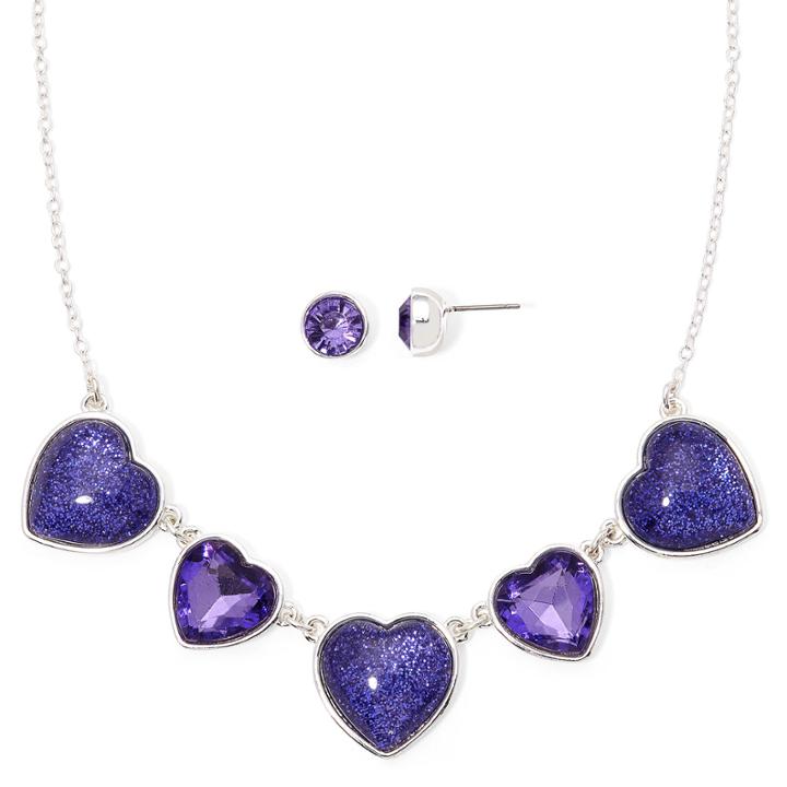 Liz Claiborne Purple Crystal Heart Earring And Necklace Set