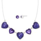 Liz Claiborne Purple Crystal Heart Earring And Necklace Set