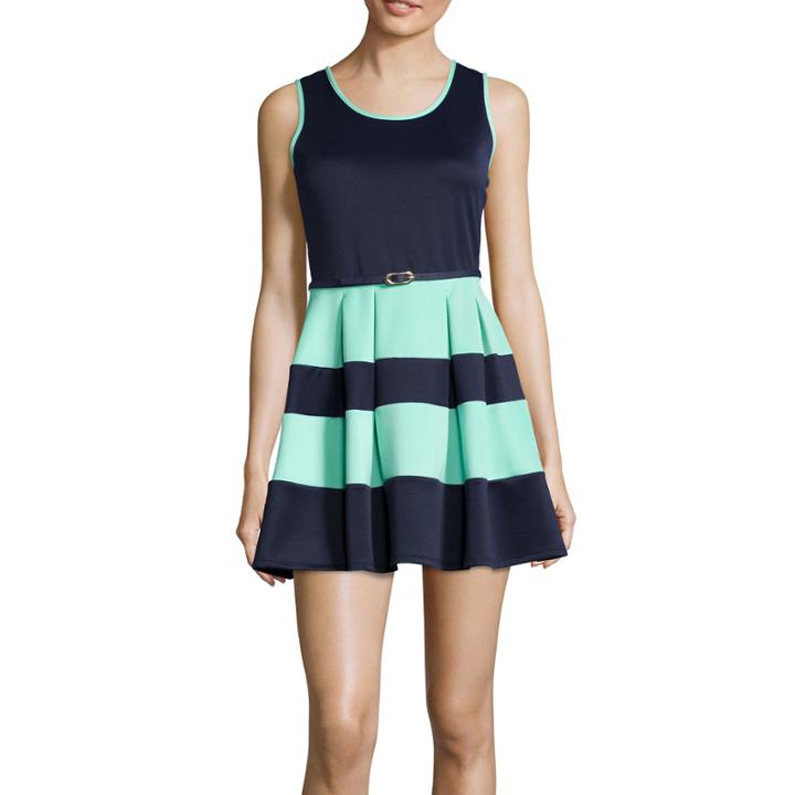 Crystal Sky Sleeveless Belted Striped Skirt Scuba Dress- Juniors