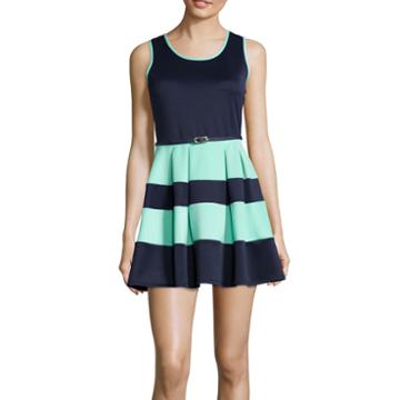 Crystal Sky Sleeveless Belted Striped Skirt Scuba Dress- Juniors