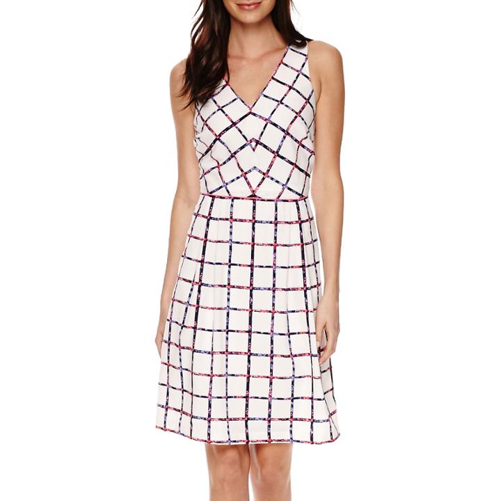 Liz Claiborne Sleeveless Window Pane Print Fit-and-flare Dress