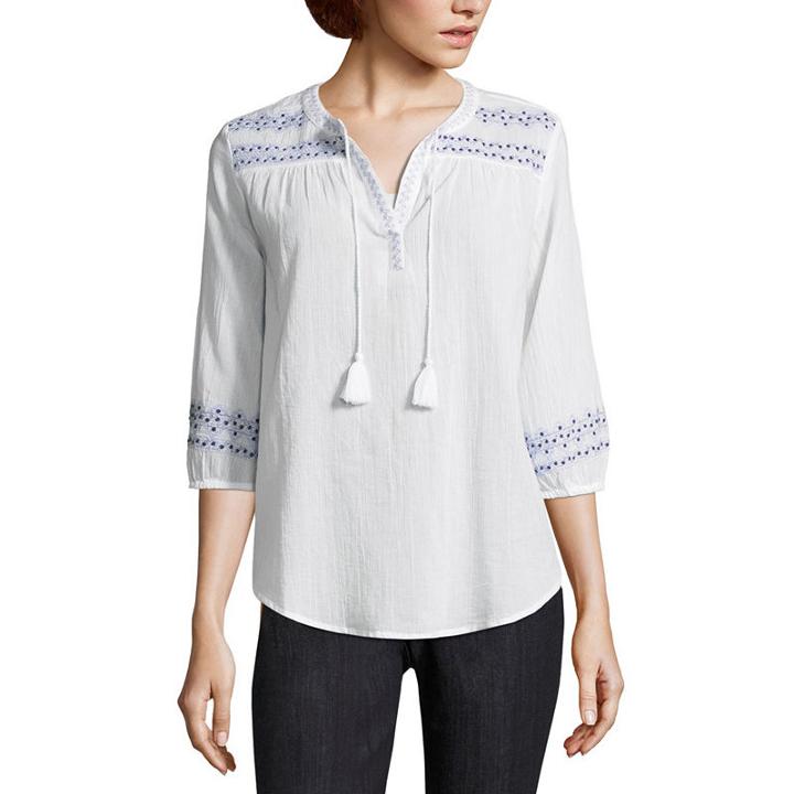 Liz Claiborne Embroidered 3/4 Sleeve Peasant Top