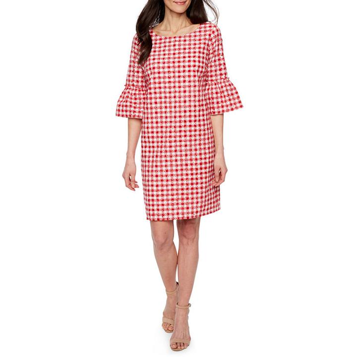 Melrose 3/4 Sleeve Checked Shift Dress-petites