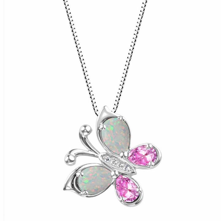 Lab-created Opal And Lab-created Pink Sapphire Sterling Silver Butterly Pendan