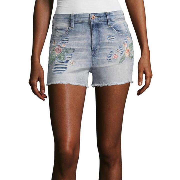 Arizona 2 1/2 High Rise Embroidered Denim Shorts-juniors