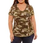Cut And Paste Short Sleeve Scoop Neck Camouflage T-shirt - Womens Plus