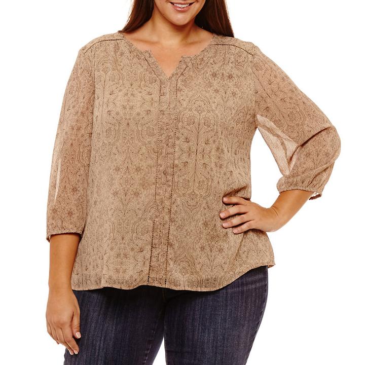 St. John's Bay 3/4 Sleeve Notch Neck Yoryu Blouse - Plus