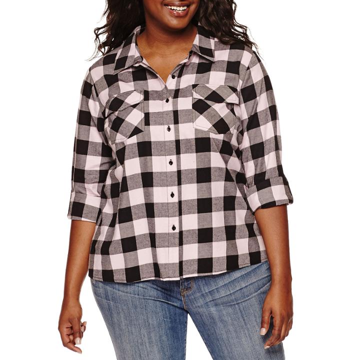 Embossed Plaid Button-front Top - Juniors Plus