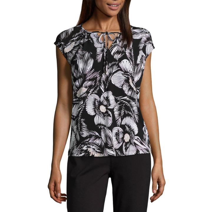 Liz Claiborne Short Sleeve Keyhole Neck Knit Floral Blouse-petites