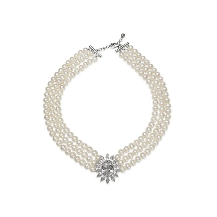 Cultured Freshwater Pearl And Cubic Zirconia 3-row Necklace