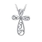 Sterling Silver Open Filigree Rounded Cross Pendant Necklace