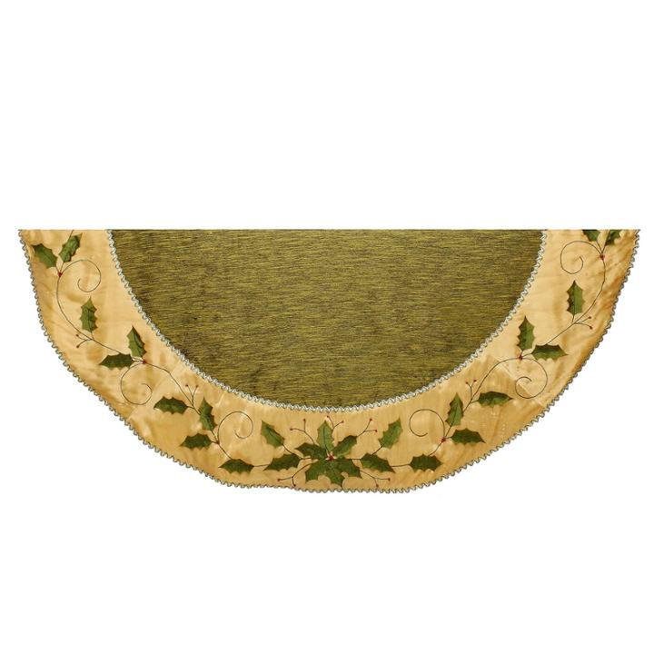 Kurt Adler 54 Green And Gold Holly Leaves Embroidered Treeskirt