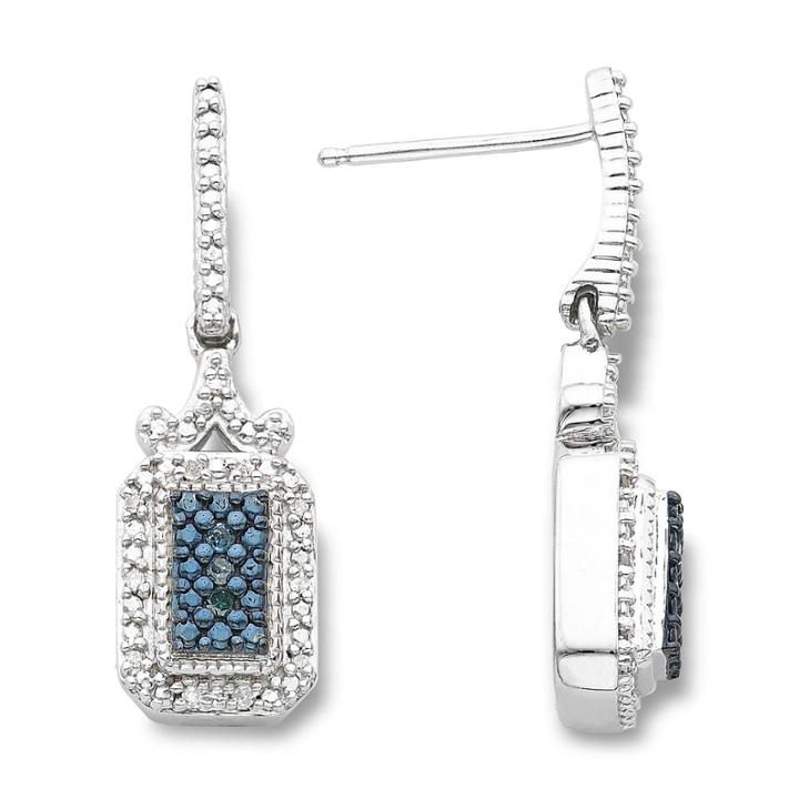 Sterling Silver 1/10 Ct. T.w. White & Color-enhanced Blue Diamond Earrings