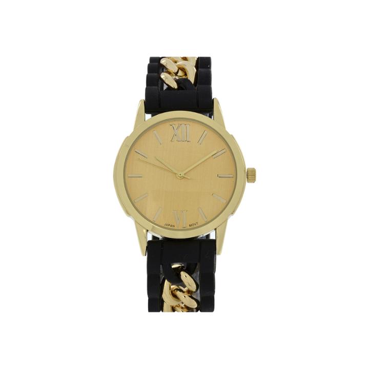 Womens Gold-tone Chain Black Silicone Watch