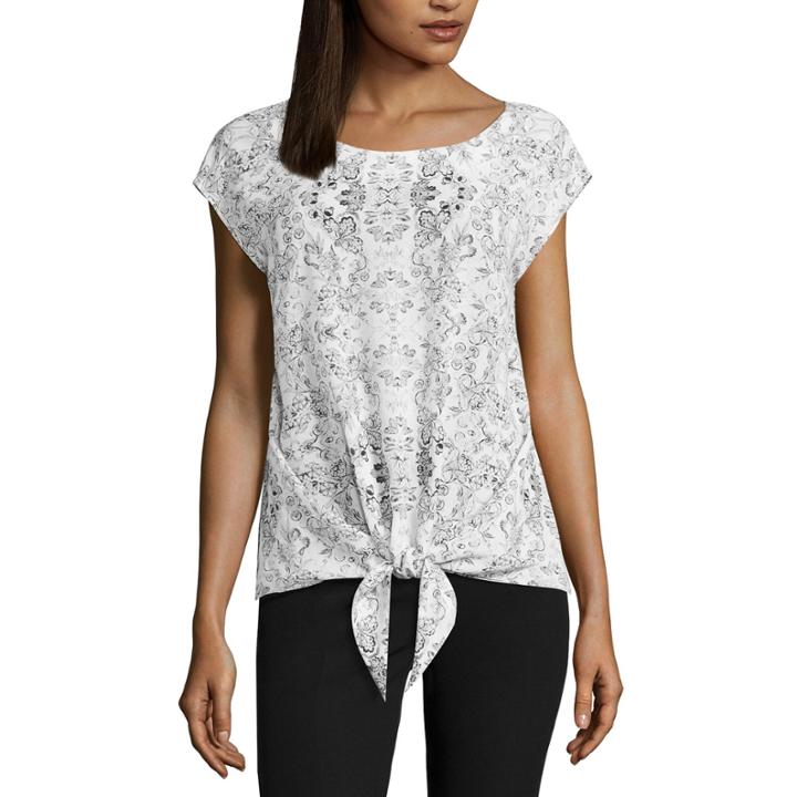 Worthington Short Sleeve Scoop Neck Crepe Stripe Blouse