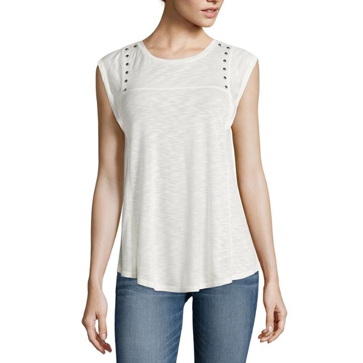 A.n.a Short Flutter-sleeve Studded-yoke Pullover Top