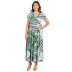 24seven Comfort Apparel Lena Short Sleeve Green Print Empire Waist Maxi Dress - Plus
