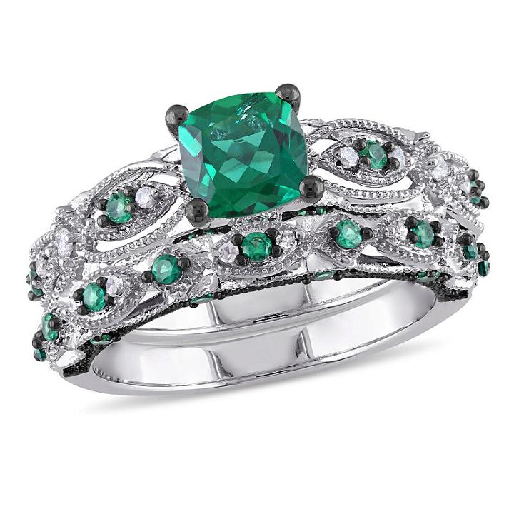 Lab Created Emerald & 1/10 Ct. T.w. Diamond 10k White Gold Bridal Set
