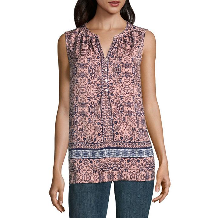 Liz Claiborne Sleeveless Split Crew Neck Woven Blouse-tall