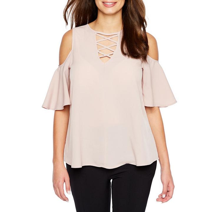 Bold Elements Bold Elements Necklace Surplice Top Long Sleeve Keyhole Neck Crepe Blouse