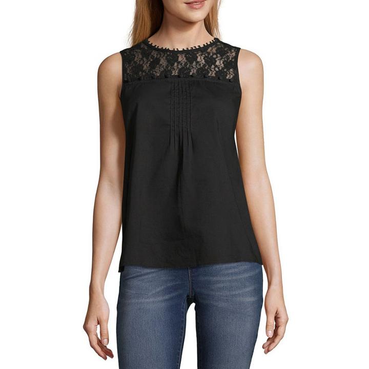 Libby Edelman Libby Edelman Lace Yoke Sl Top Sleeveless Round Neck Woven Blouse