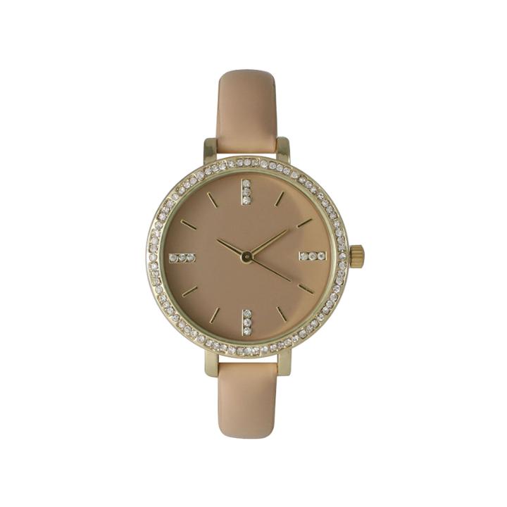 Olivia Pratt Womens Rhinestone Bezel Rhinestone Dial Beige Leather Watch 15321
