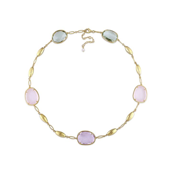 Genuine Amethyst, Genuine Green And Pink Quartz Gold Over Silver Station Necklace