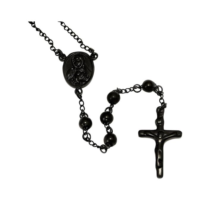 Mens Black Stainless Steel Rosary Chain Necklace