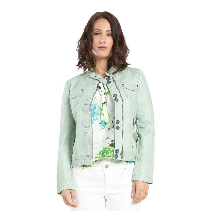 Green Vegan Leather Moto Jacket Belted Mandarin Collar