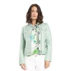 Green Vegan Leather Moto Jacket Belted Mandarin Collar