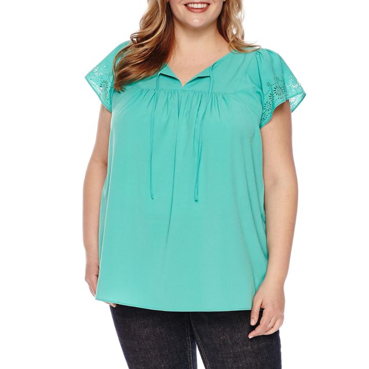 St. John's Bay Short Sleeve V Neck Woven Bordered Blouse-plus