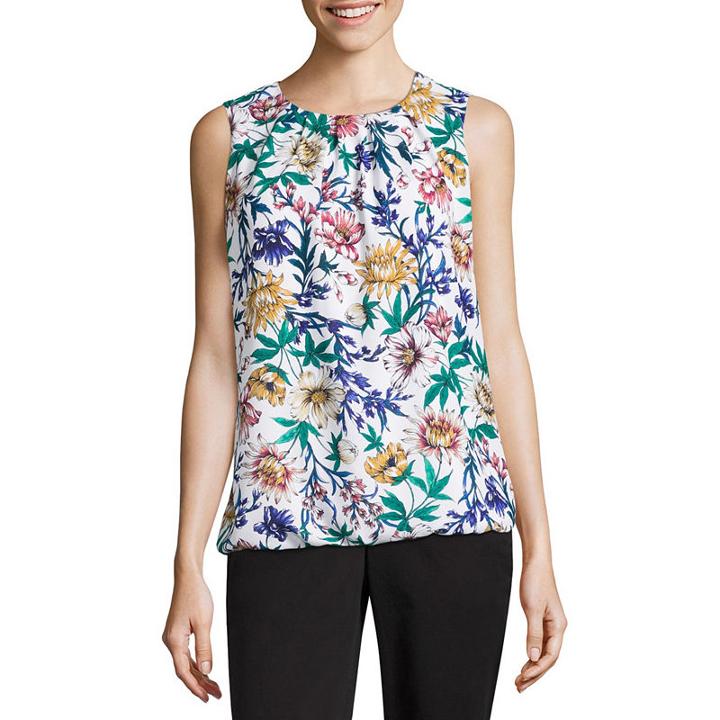 Liz Claiborne Sleeveless Crew Neck Chiffon Floral Blouse-tall