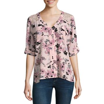 Hollywould 3/4 Sleeve Y Neck Woven Pattern Blouse-juniors