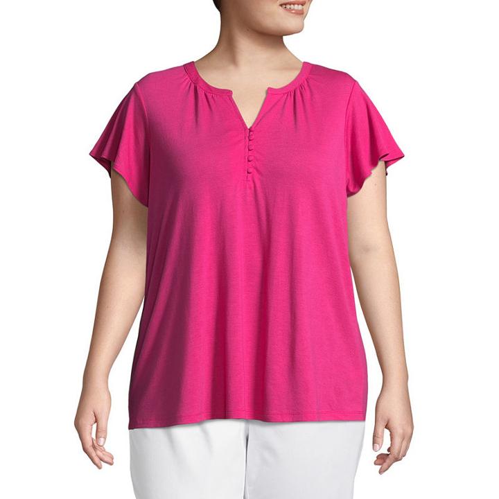 Liz Claiborne Flutter Sleeve Split Neck Tee- Plus