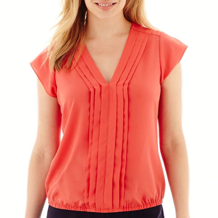 Liz Claiborne Cap-sleeve Front-pleat Bubble Blouse - Petite